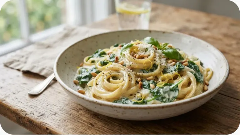 Spaghetti ribbons coated in a velvety lemon ricotta sauce with fresh baby spinach and cracked black pepper