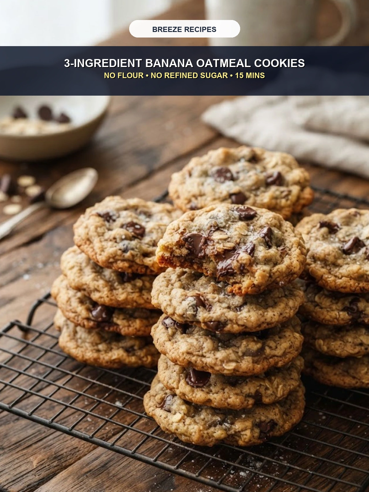Pinterest 3:4 Pin - 3-Ingredient Banana Oatmeal Cookies No Flour No Sugar 15 Mins