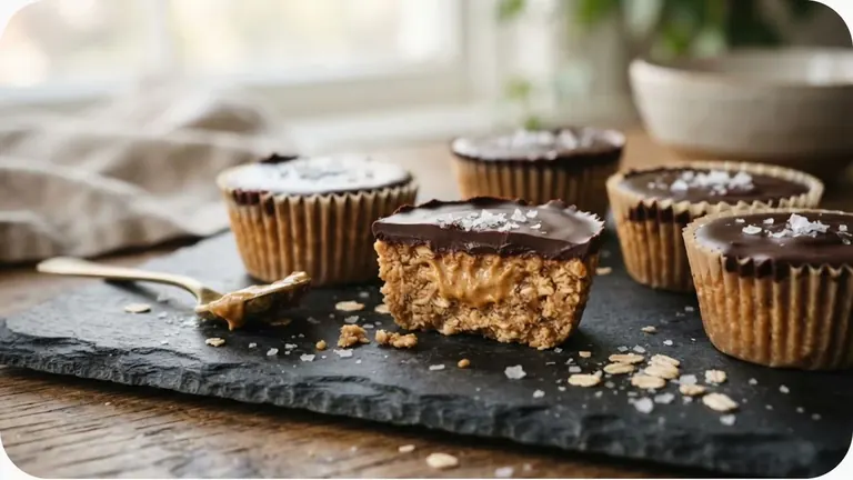Layered peanut butter oat cups topped with glossy dark chocolate and flaky sea salt