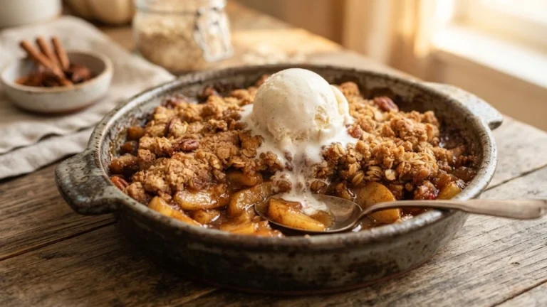 Air Fryer Apple Cinnamon Crisp Dump Cake with melting vanilla ice cream