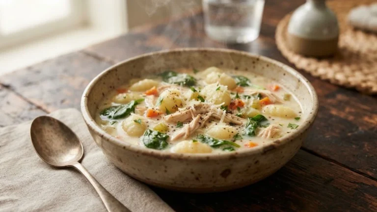 Creamy Chicken Gnocchi Soup in a rustic ceramic bowl with tender chicken, soft gnocchi, and spinach