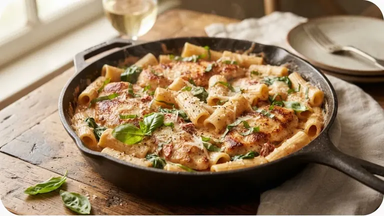 Golden-seared chicken tenders nestled in sun-dried tomato parmesan cream sauce with penne and fresh spinach