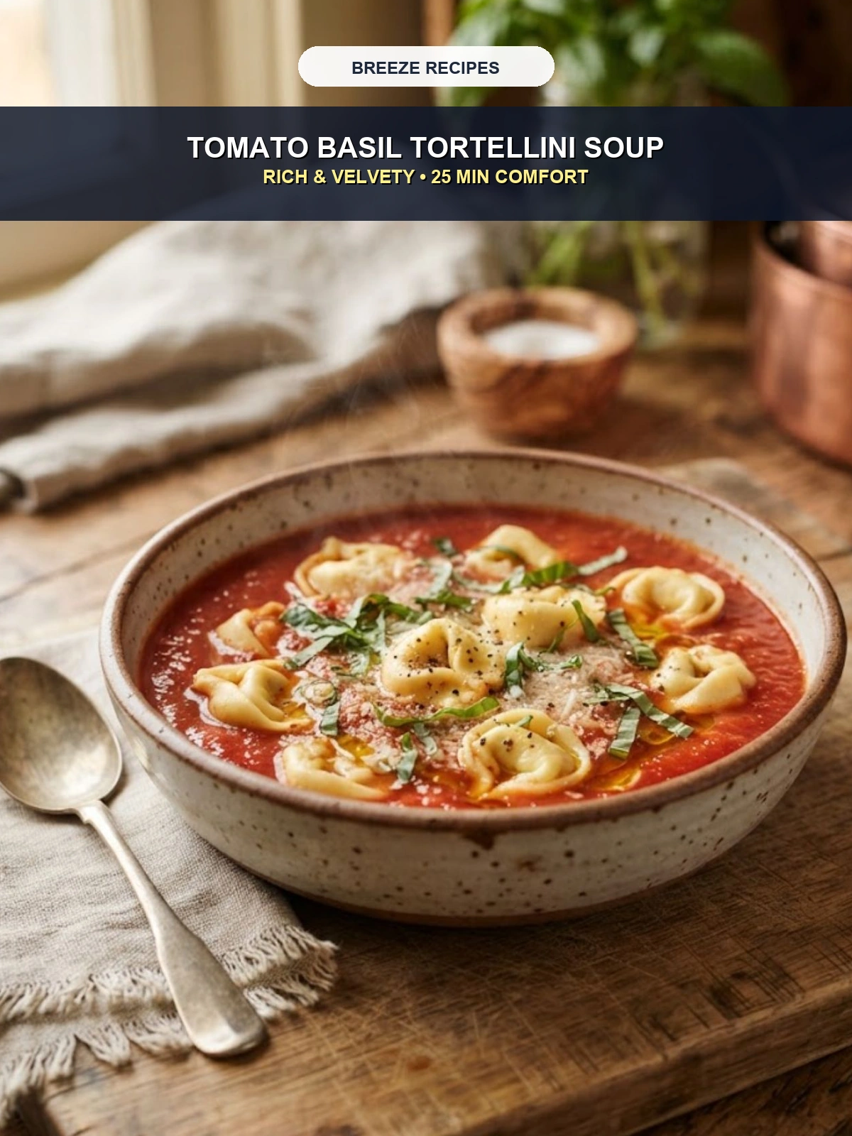 Pinterest 3:4 Pin - Creamy Tomato Basil Tortellini Soup Rich & Velvety 25 Min Comfort