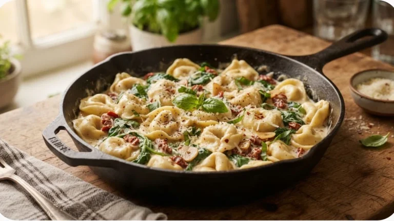 Skillet creamy Tuscan garlic tortellini with sun-dried tomatoes, spinach, and aged parmesan