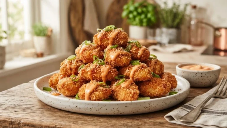 Crispy Air Fryer Bang Bang Chicken Bites with sweet chili sauce drizzle and scallions