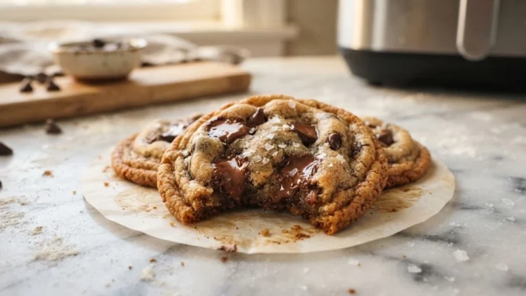 Air Fryer Chocolate Chip Cookies with crispy ruffled edges and gooey chocolate center