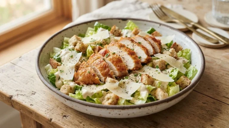 Crispy Air Fryer Chicken Caesar Salad with shaved parmesan, rustic garlic croutons, and creamy dressing