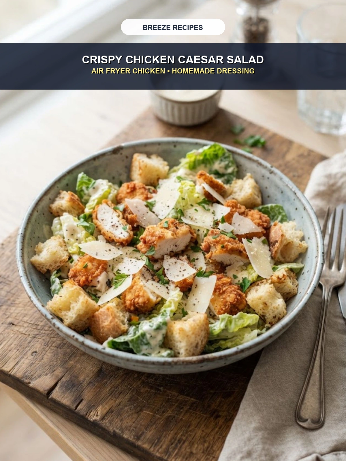 Pinterest 3:4 Pin - Crispy Chicken Caesar Salad Air Fryer Chicken and Homemade Dressing