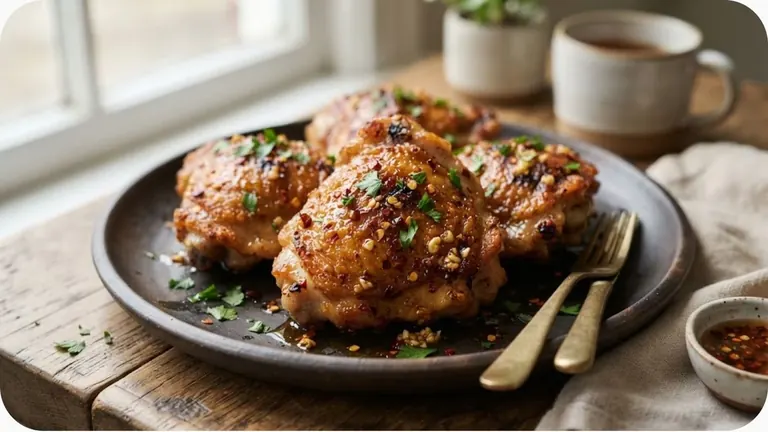Glistening crispy hot honey garlic air fryer chicken thighs garnished with parsley and red pepper flakes