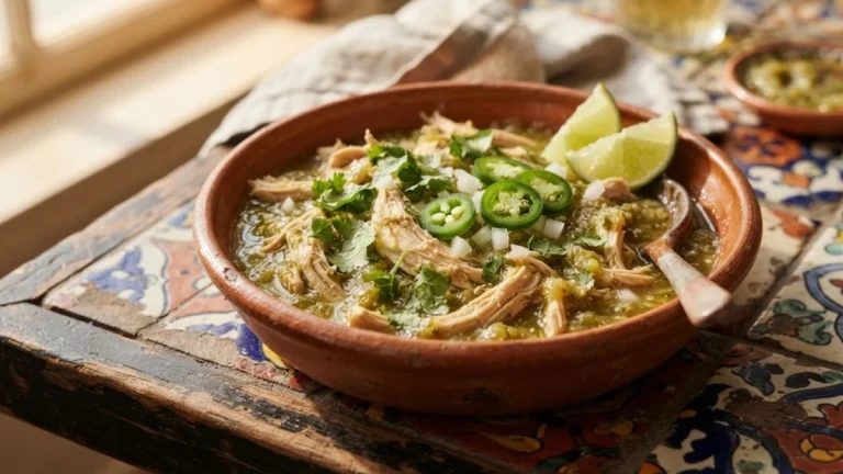 Juicy 3-Ingredient Crock Pot Salsa Verde Shredded Chicken with fresh cilantro and lime wedges