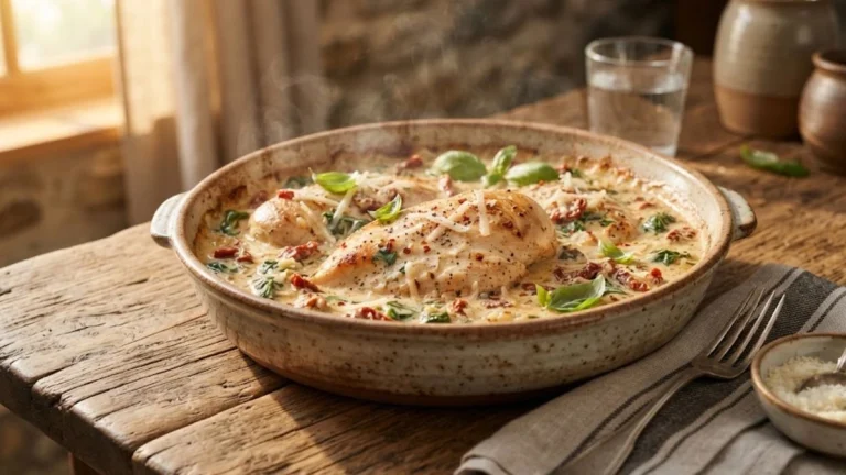 Crock Pot Tuscan Garlic Chicken smothered in creamy sun-dried tomato and spinach sauce with parmesan