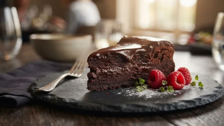 Slice of Flourless Fudgy Chocolate Torte with shiny ganache and fresh berries