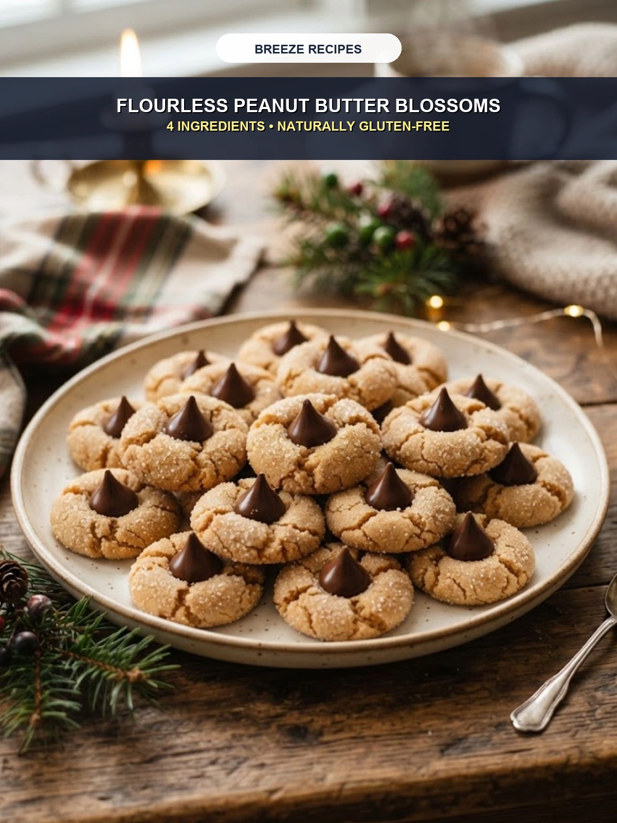 Pinterest 3:4 Pin - Flourless Peanut Butter Blossoms 4 Ingredients Gluten-Free