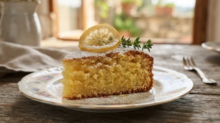 Slice of Italian Lemon Ricotta Olive Oil Cake with powdered sugar and candied lemon