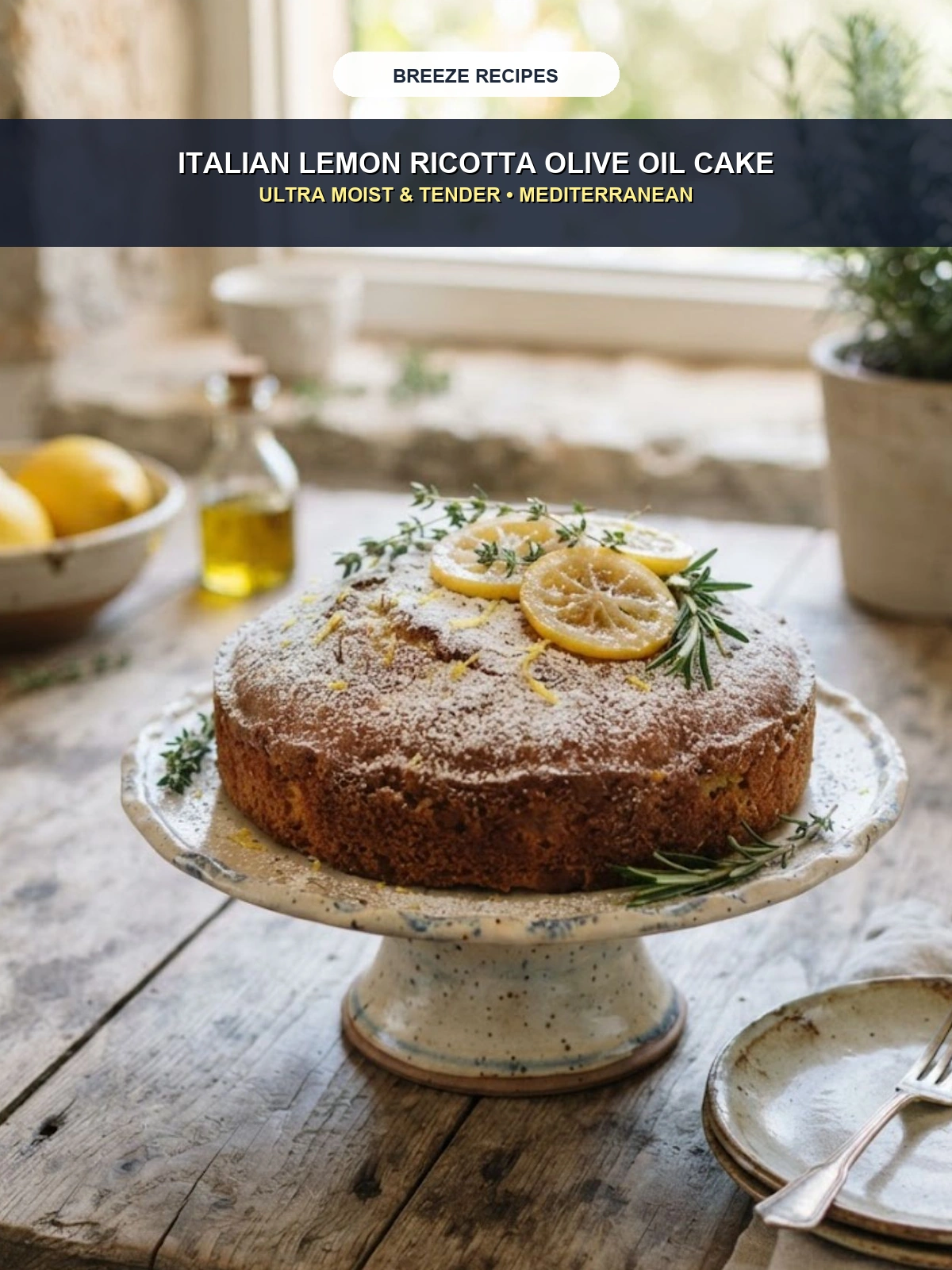 Pinterest 3:4 Pin - Italian Lemon Ricotta Olive Oil Cake Ultra Moist & Tender Mediterranean