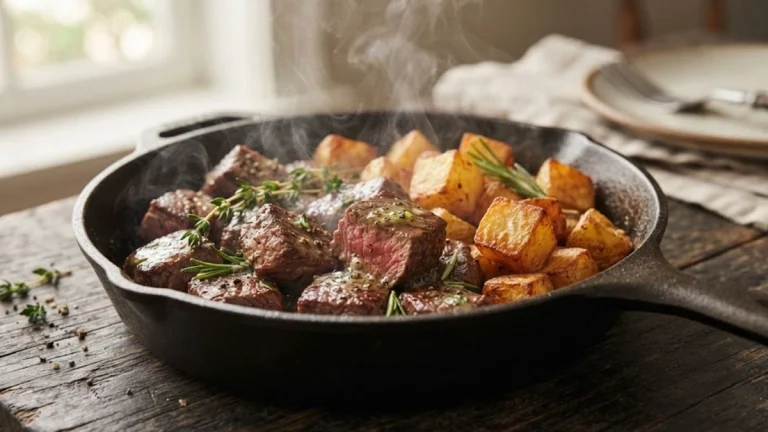 20-Minute Garlic Butter Steak Bites with Golden Skillet Potatoes in cast iron skillet