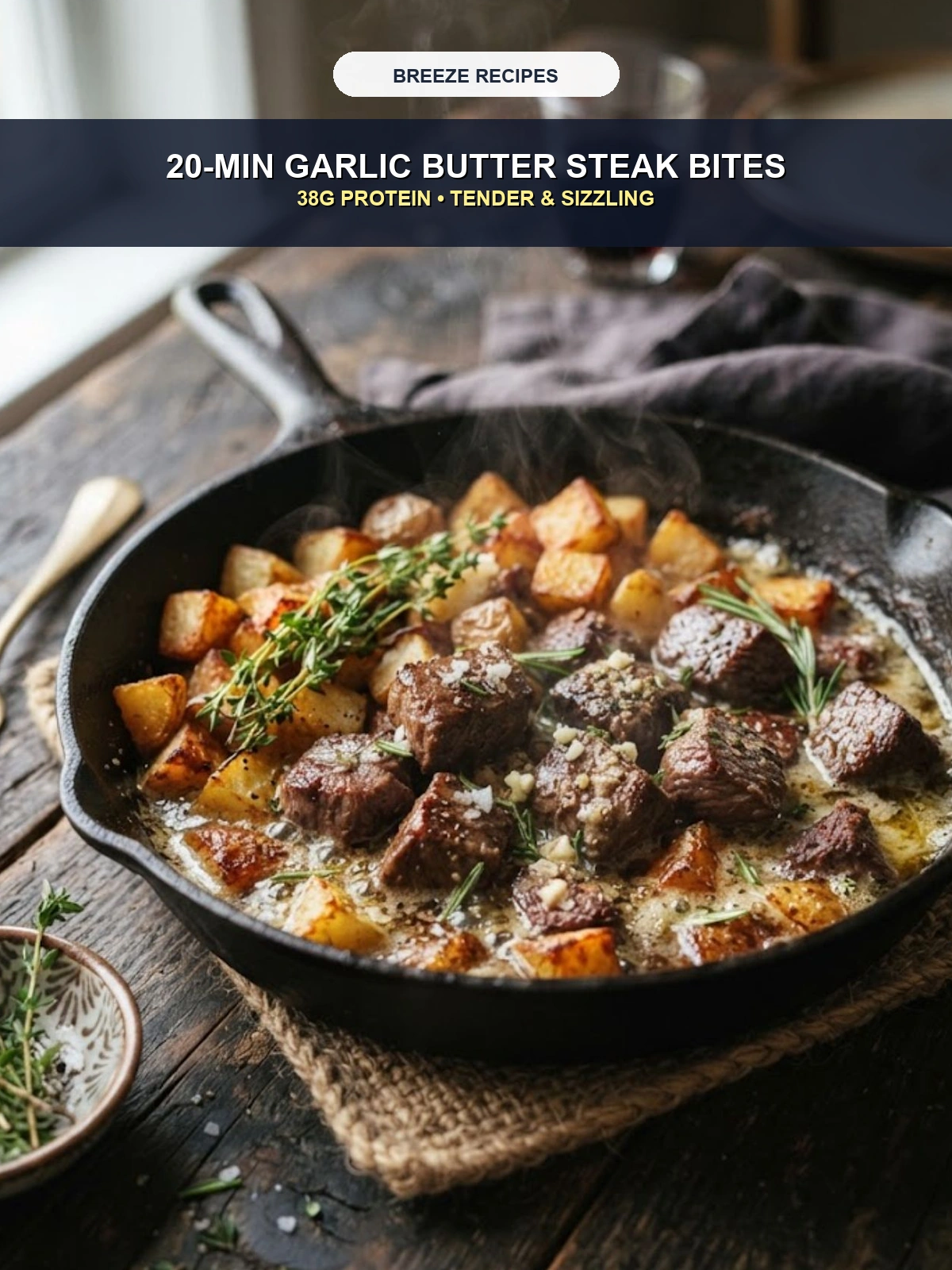 Pinterest 3:4 Pin - 20-Minute Garlic Butter Steak Bites with Golden Potatoes 38g Protein