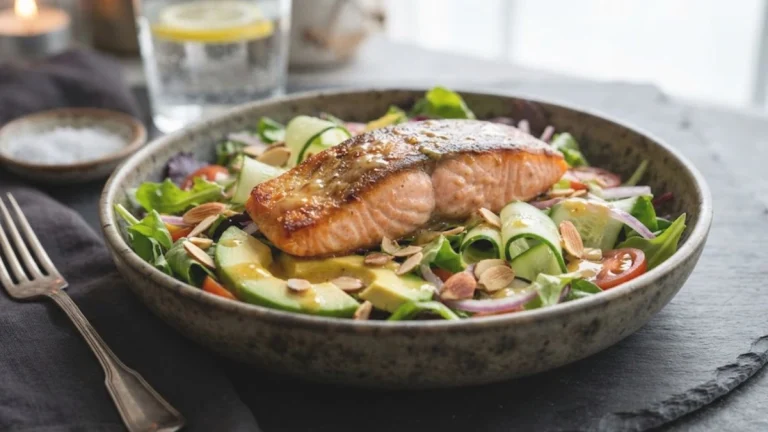 Pan-Seared Honey Mustard Salmon Avocado Salad with flaky crispy salmon, ripe avocado, greens, and honey dijon dressing