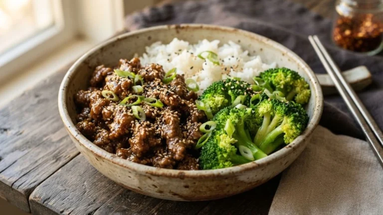 20-Minute Korean Ground Beef and Broccoli Bowls with steamed rice and sesame seeds