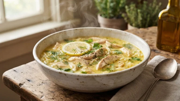 Greek Lemon Chicken Orzo Soup with silky avgolemono broth, shredded chicken, orzo, and fresh dill