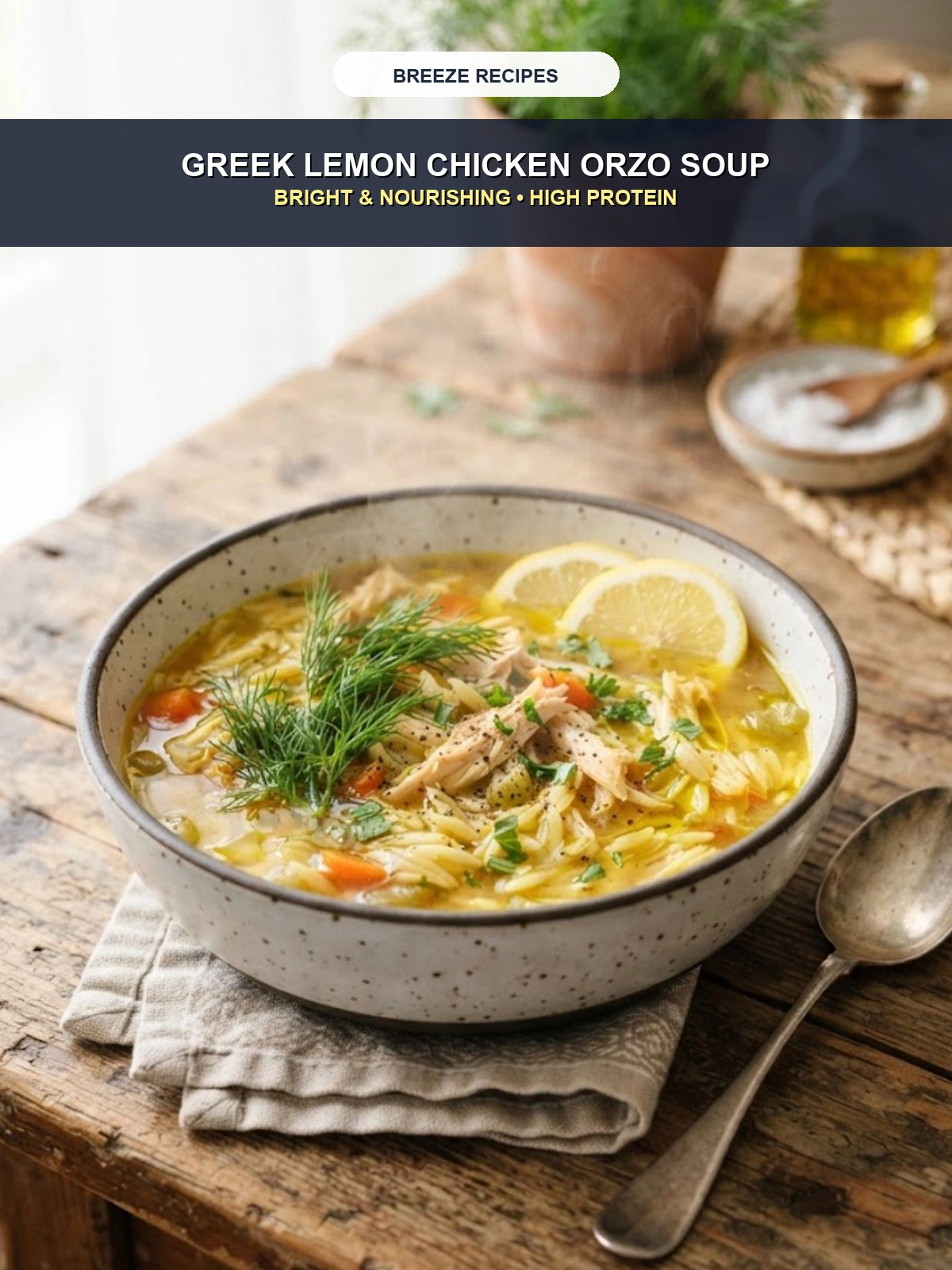 Pinterest 3:4 Pin - Greek Lemon Chicken Orzo Soup Bright Nourishing High Protein