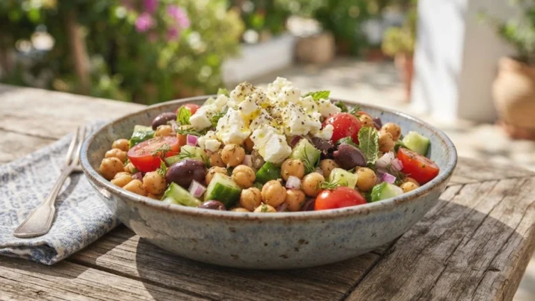 Loaded Mediterranean Greek Chickpea Salad with crisp cucumbers, tomatoes, kalamata olives, and authentic feta