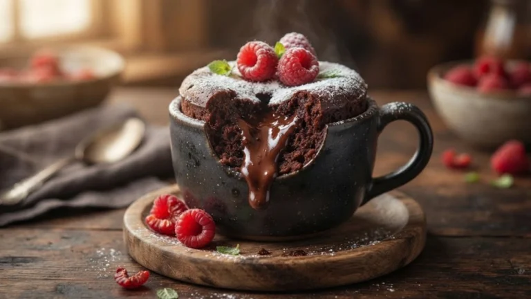 Decadent Molten Chocolate Lava Mug Cake with oozing liquid center and raspberries