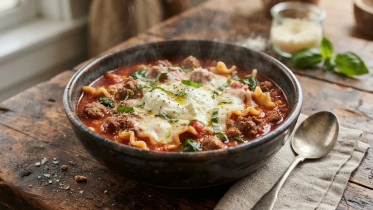 Hearty One-Pot Lasagna Soup with ground beef, rich tomato broth, wavy lasagna noodles, and melted ricotta mozzarella
