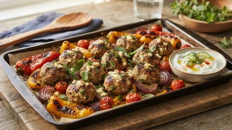 Quick Sheet Pan Greek Turkey Meatballs with Tzatziki