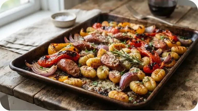 Vibrant roasted sweet Italian sausage, blistered bell peppers, and crispy unboiled gnocchi on a sheet pan