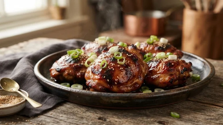 Slow Cooker Honey Garlic Chicken Thighs glistening with sticky glaze, green onions, and sesame seeds