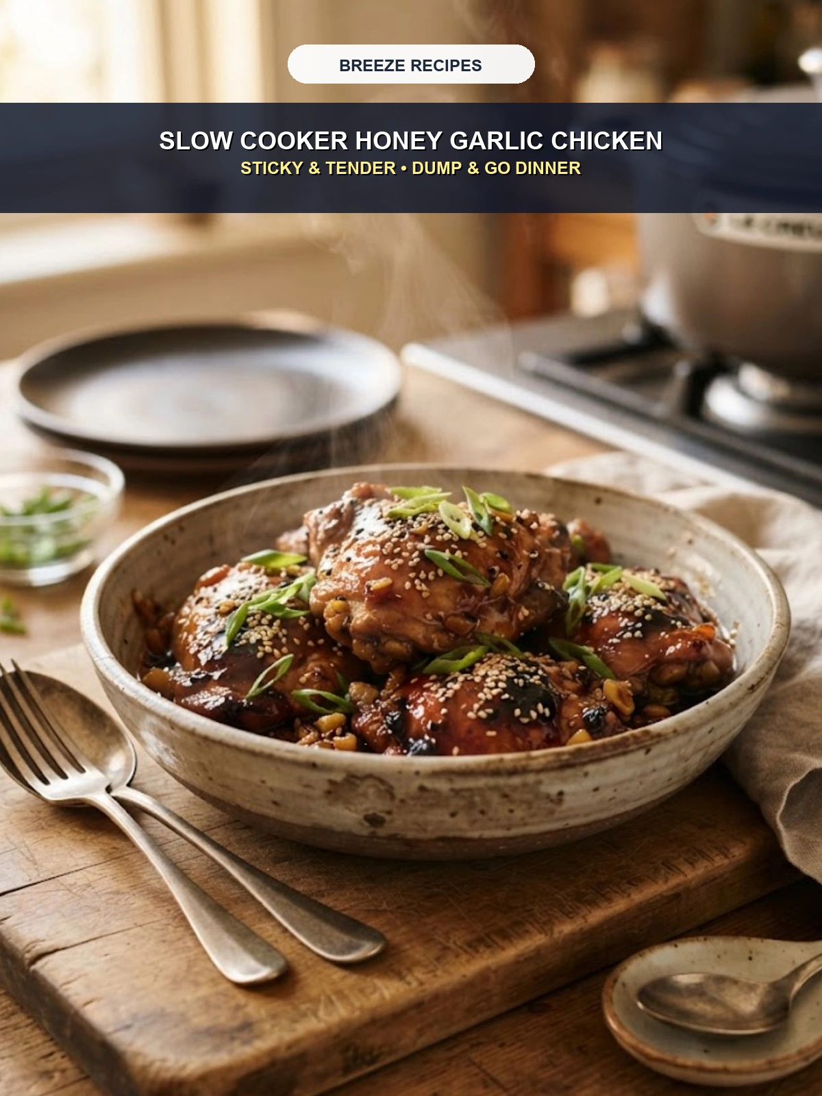 Pinterest 3:4 Pin - Slow Cooker Honey Garlic Chicken Sticky & Tender Dump and Go Dinner