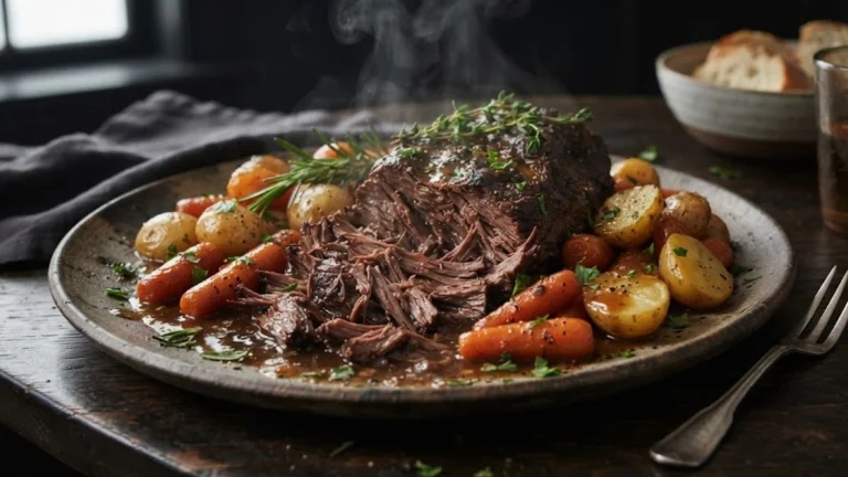Melt-in-Your-Mouth Slow Cooker Beef Pot Roast with tender carrots, baby potatoes, and rich brown gravy