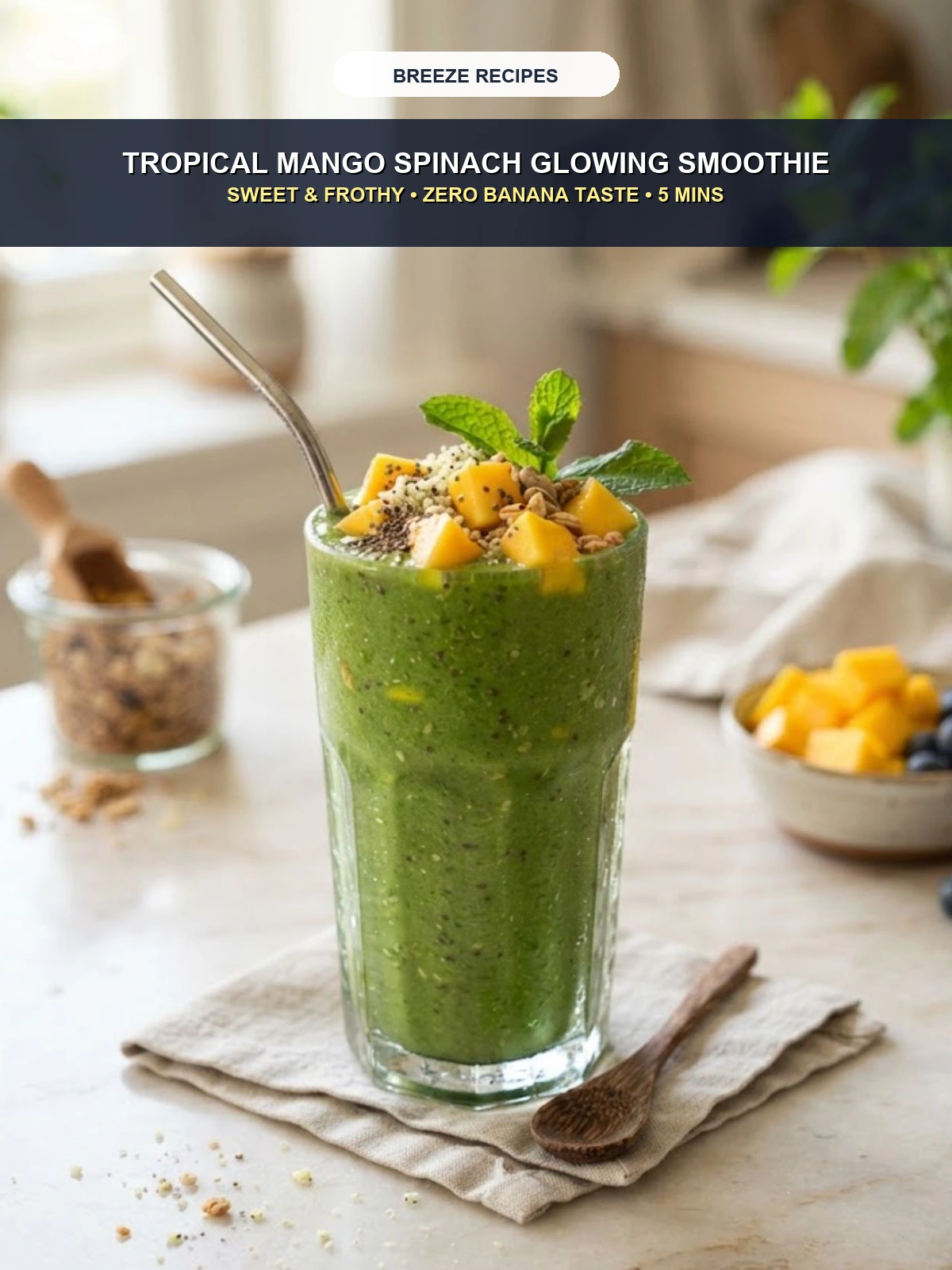 Pinterest 3:4 Pin - Tropical Mango Spinach Green Smoothie